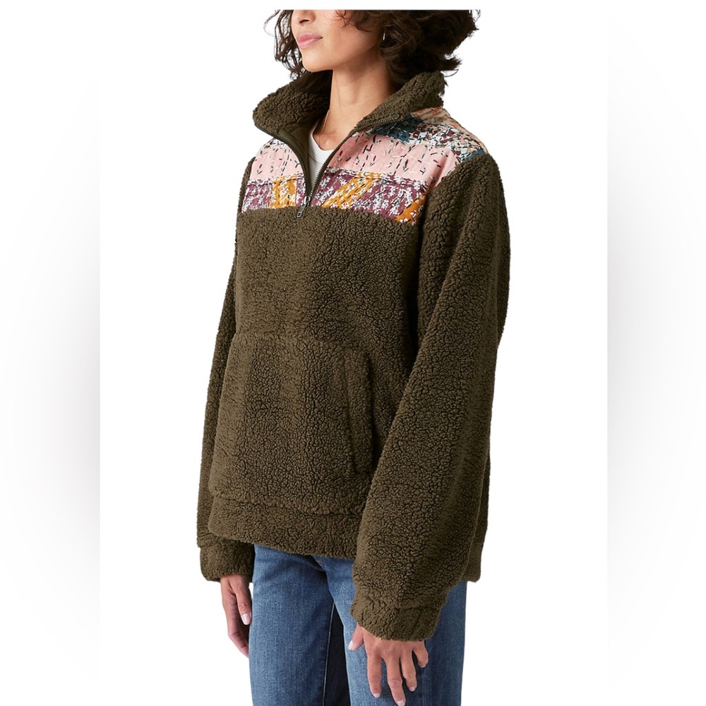 LUCKY BRAND Women’s Long Sleeve Half Zip Quilted Sherpa Pullover in Olive Size S